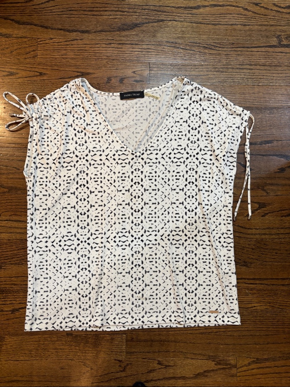 Ivanka Trump White Top with Navy Geometric Print and Shoulder Ties